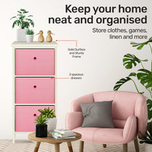 Load image into Gallery viewer, Home Master 3 Drawer Pine Wood Storage Chest Pink Fabric Baskets 70 x 80cm
