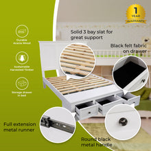 Load image into Gallery viewer, Celosia 4pc Queen Bed Frame Bedroom Suite Timber Bedside Tallboy Package - White
