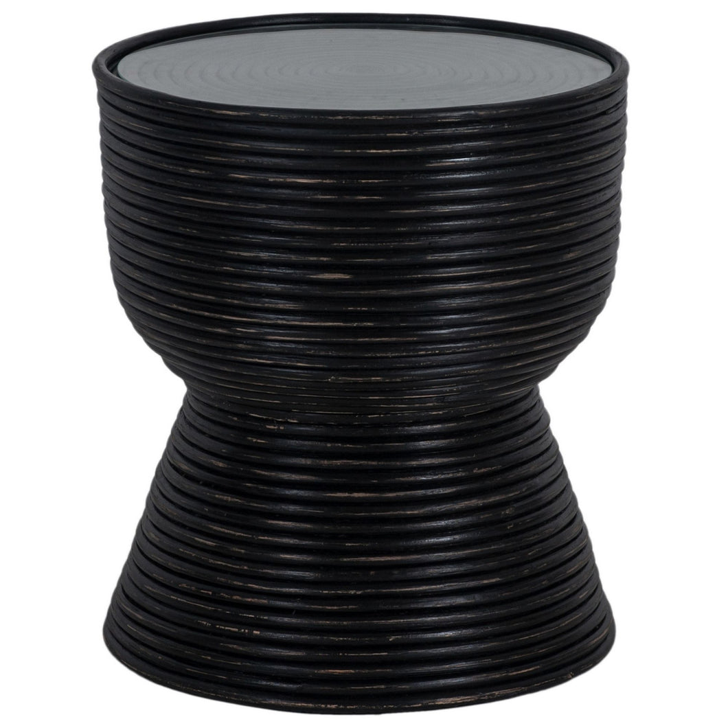 Clover Rattan Round Side End Table 46cm with Glass Top - Distressed Black
