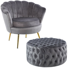 Load image into Gallery viewer, Bloomer Velvet Fabric Accent Love Chair Round Ottoman Set - Grey

