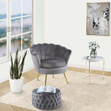 Load image into Gallery viewer, Bloomer Velvet Fabric Accent Love Chair Round Ottoman Set - Grey

