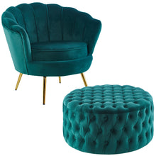Load image into Gallery viewer, Bloomer Velvet Fabric Accent Love Chair Round Ottoman Set - Green
