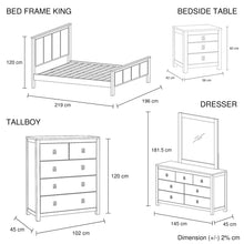 Load image into Gallery viewer, 5 Pieces Bedroom Suite with Solid Acacia Wood Veneered Construction in King Size White Ash Colour Bed, Bedside Table , Tallboy &amp; Dresser
