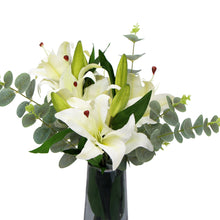 Load image into Gallery viewer, Premium Faux White Lily In Glass Vase (Tiger Lily Bouquet With Eucalyptus)
