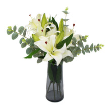 Load image into Gallery viewer, Premium Faux White Lily In Glass Vase (Tiger Lily Bouquet With Eucalyptus)
